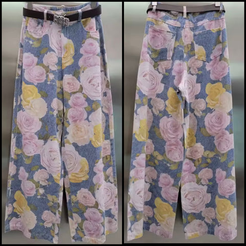 Women Fashion Denim Floral Wide Leg Pants
