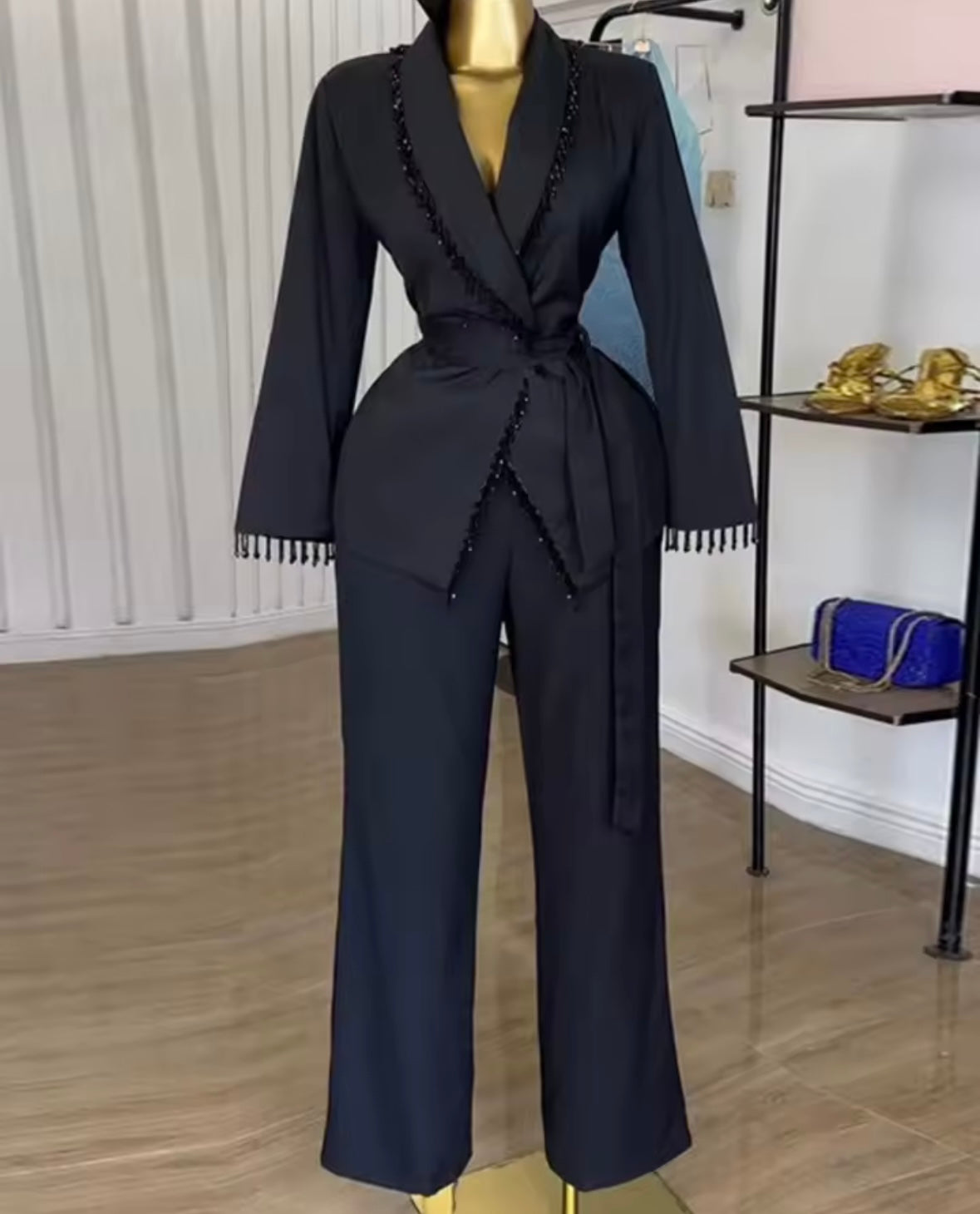 Women Beaded Tassel Wrap Full Sleeve Blazer Two Piece Pant Set