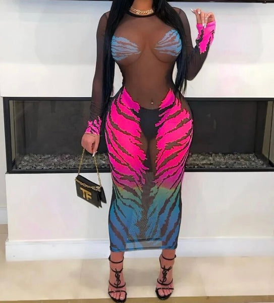 Women Sexy Colorful Print Black Mesh Full Sleeve Dress