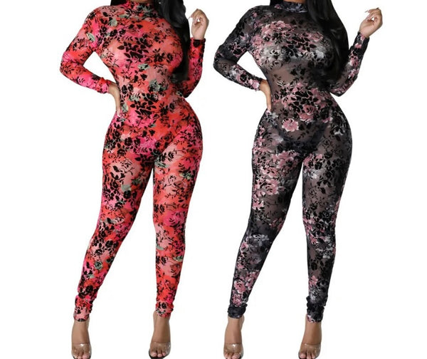 Women Sexy Full Sleeve Floral Mesh Jumpsuit