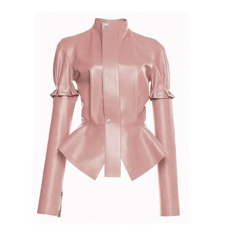 Women Fashion Pink Ruffled Faux Leather Detachable Sleeve Jacket