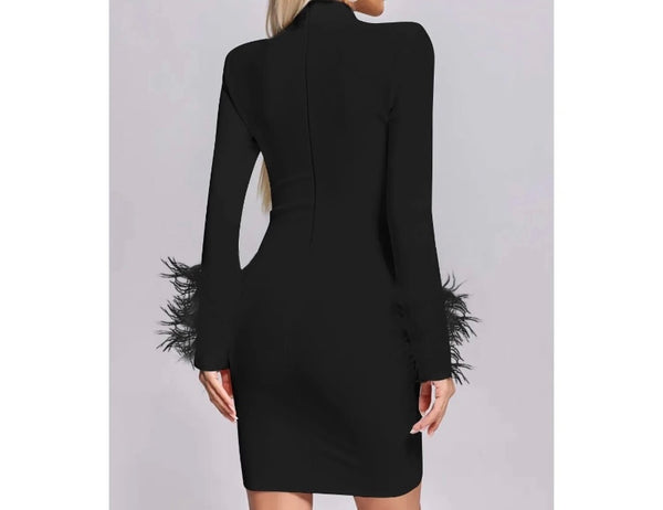 Women Sexy Full Sleeve Feather Mesh Patchwork Dress