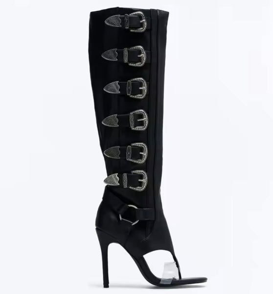 Women Fashion Open Toe Buckled Zip Up Knee High Boots