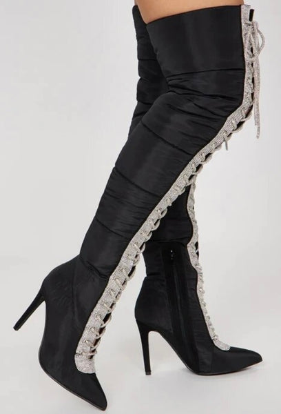 Women Bling Patchwork Puff Lace Up Fashion Over The Knee Boots