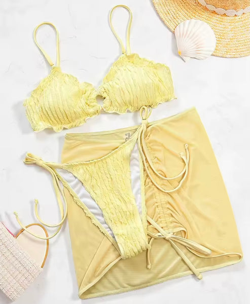 Women Sexy Ruffled Yellow Bikini Mesh Cover Up Set