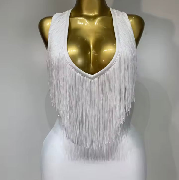 Women Sexy Sleeveless Fringe Tassel Maxi Dress