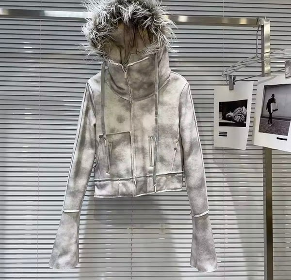 Women Fashion Fur Gray Tie Dye Hooded Three Piece Short Set