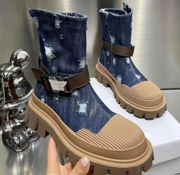 Women Fashion Buckled Denim Ankle Boots