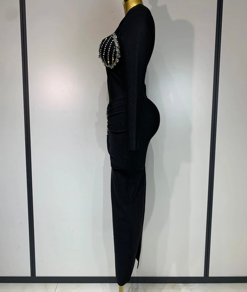 Women Sexy V-neck Bling Full Sleeve Bandage Maxi Dress