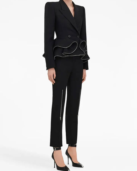 Women Black Button Up Ruffled Zipper Two Piece Blazer Pant Set