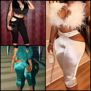 Women Sexy Feather Halter Sleeveless Two Piece Capri Pant Set