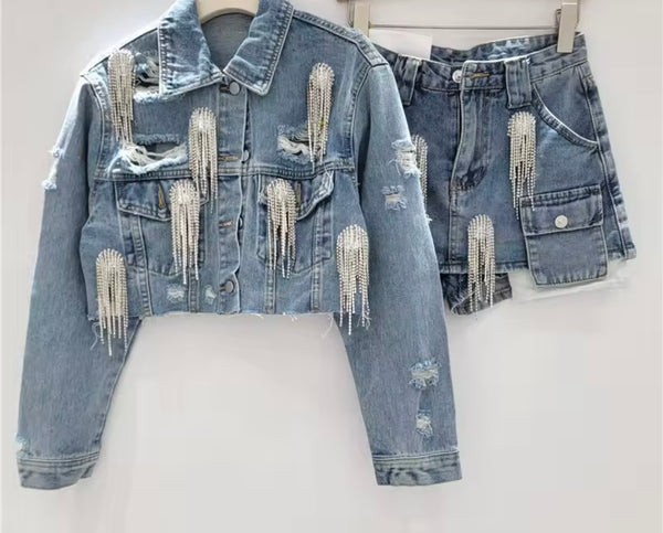 Women Fashion Rhinestone Tassel Denim Jacket Two Piece Skirt Set
