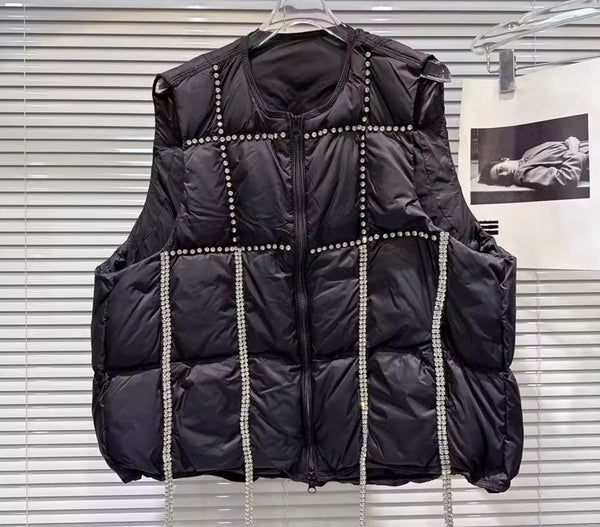 Women Color Rhinestone Tassel Fashion Puff Vest Jacket