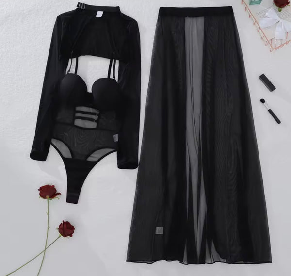 Women Sexy Black Mesh Three Piece Lingerie Set