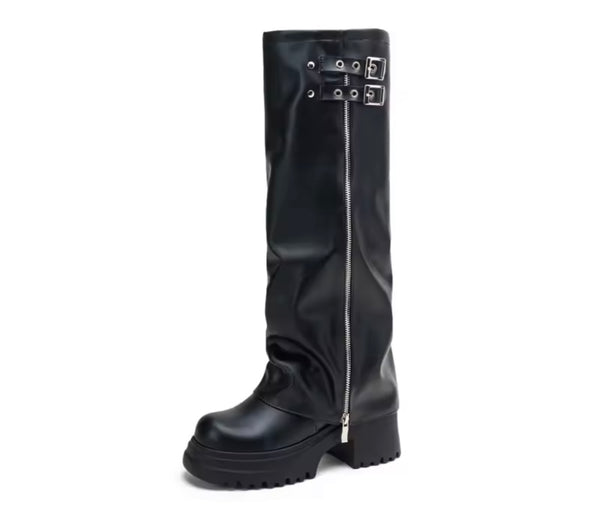 Women Black Buckled Zipper Fashion Faux Leather Knee High Boots