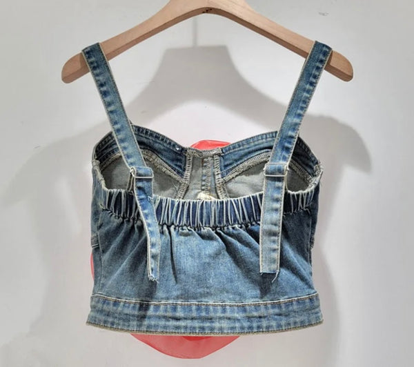 Women Fashion Floral Sleeveless Denim Crop Top