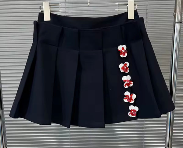 Women Sleeveless Floral Button Up Two Piece Pleated Skirt Set