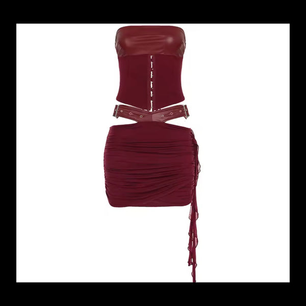 Women Sexy Burgundy Strapless Tie Up Two Piece Skirt Set