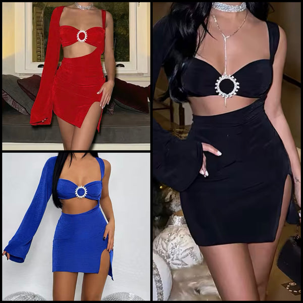 Women Sexy One Shoulder Cut Out Side Split Dress