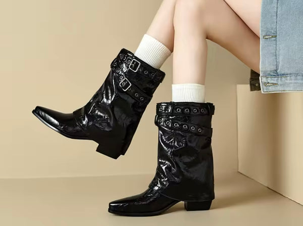 Women Fashion Patent Leather Buckled Ankle Boots