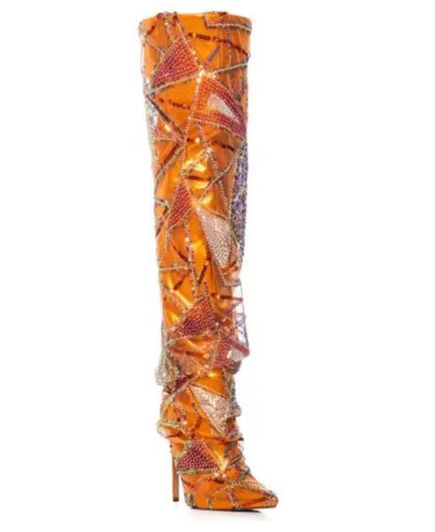 Women Fashion Orange Bling Patchwork Over The Knee Boots