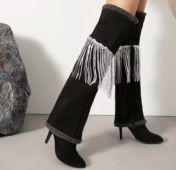 Women Black Furry Suede Tassel Fashion Over The Knee High Heel Boots