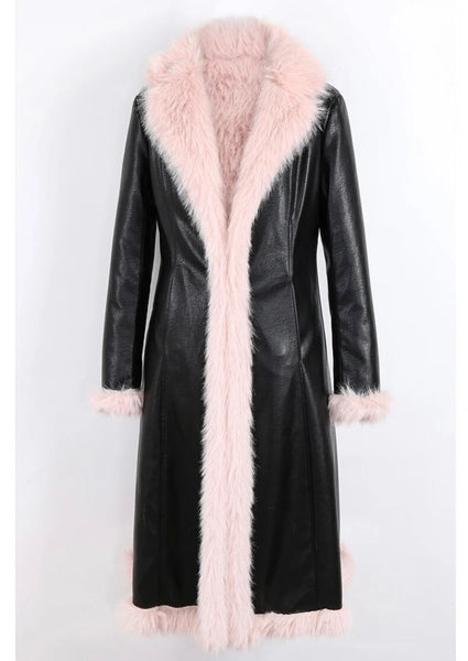 Women Warm Fashion Faux Leather Black Faux Fur Trench Jacket