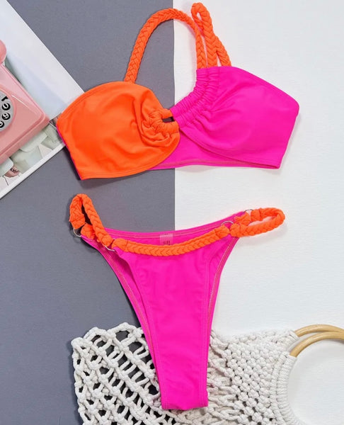 Women Sexy One Shoulder Color Patchwork Bikini Swimsuit
