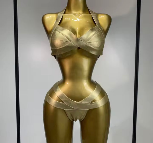 Women Sexy Halter Gold Faux Leather Bikini Swimsuit