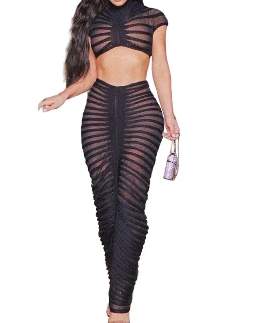 Women Sexy See Through Short Sleeve Two Piece Maxi Skirt Set