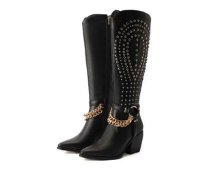 Women Fashion Rivet Gold Chain Knee High Western Boots