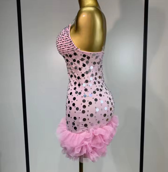 Women Sexy Sleeveless Pink Ruffle Beaded Sequins Dress