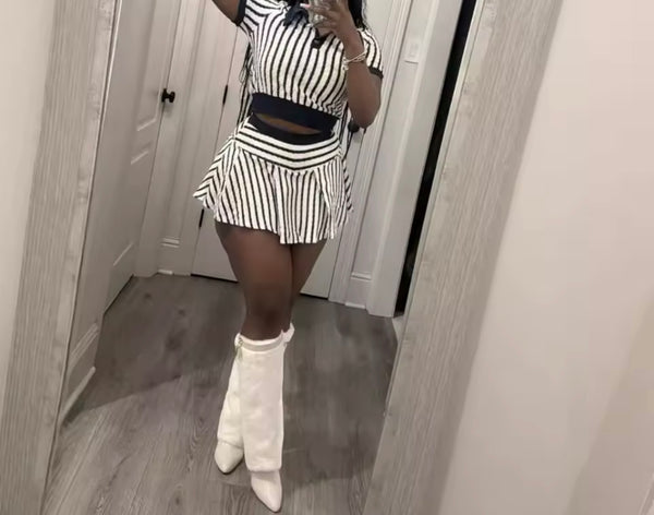 Women Sexy B&W Striped Short Sleeve Two Piece Skirt Set