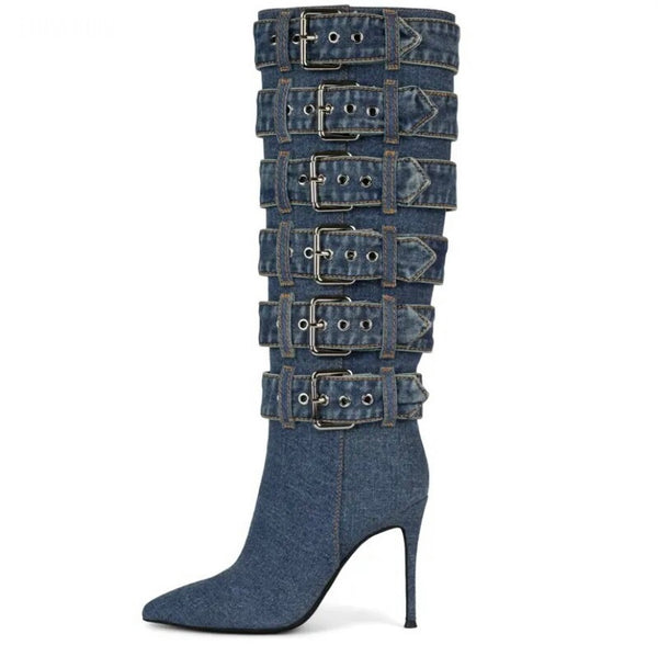 Women Fashion High Heel Buckled Denim Knee High Boots