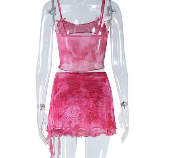 Women Sexy Sleeveless Pink Tie Dye Two Piece Skirt Set