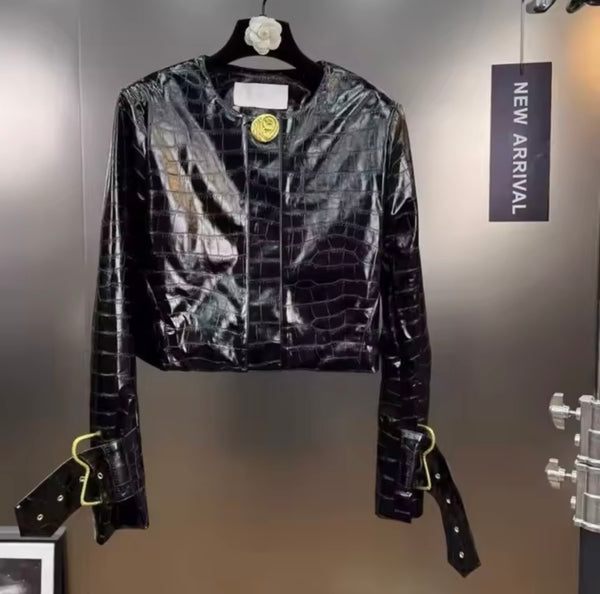 Women Gold Metal Black Faux Leather Jacket Two Piece Skirt Set