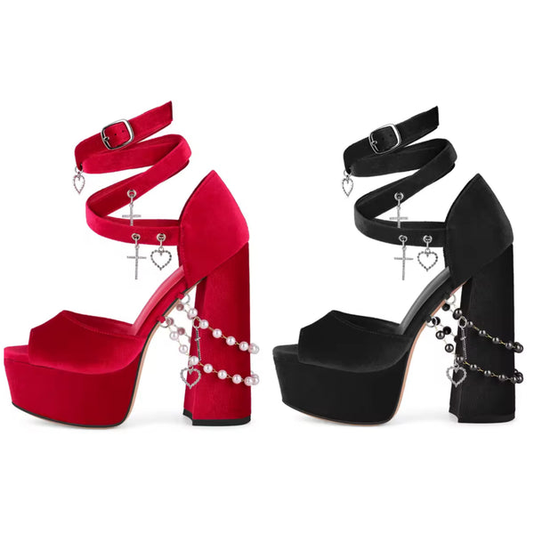Women Pendant Beaded Velour Platform High Heel Sandals