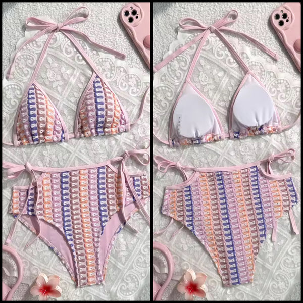 Women Pink Colorful Print Knitted Bikini Swimsuit