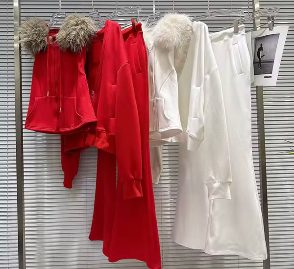 Women Fashion Fur Patchwork Zip Up Three Piece Pant Set