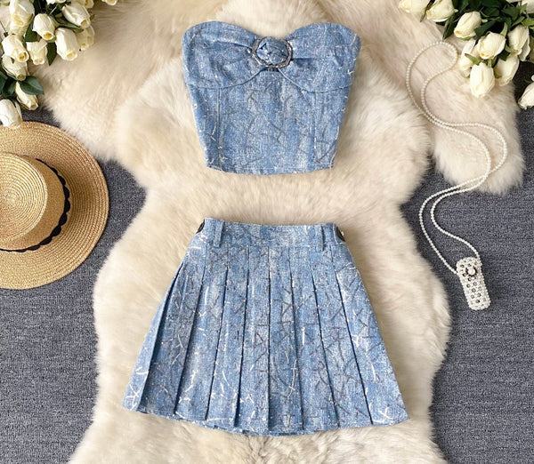 Women Sexy Strapless Sequins Patchwork Denim Two Piece Skirt Set