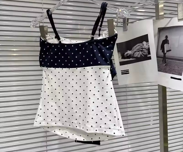 Women Sexy Sleeveless Color Patchwork Polka Dot Two Piece Skirt Set
