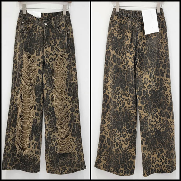 Women Ripped Leopard Print Fashion Denim Pants