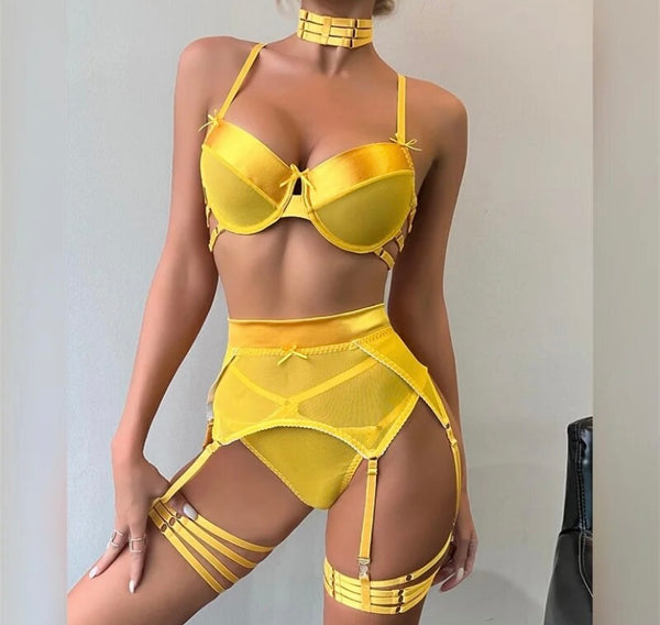 Women Sexy Choker Satin Mesh Lingerie Set