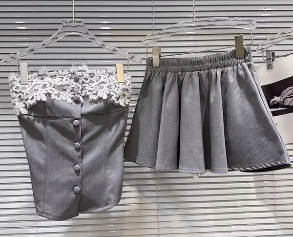 Women Gray Lace Button Up Strapless Two Piece Pleated Skirt Set