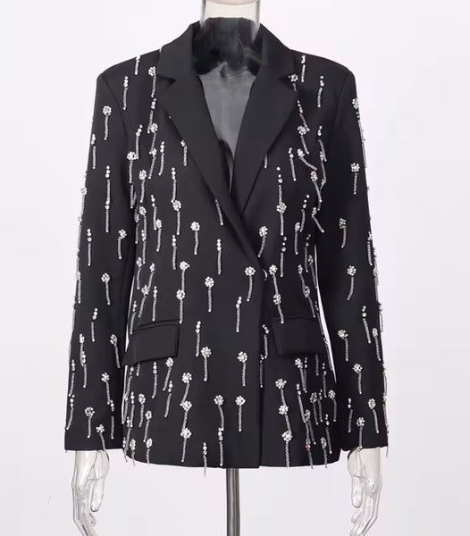 Women Fashion Rhinestone Tassel Blazer Two Piece Pant Set