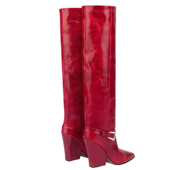 Women Color Fashion Buckled Faux Leather Knee High Western Boots