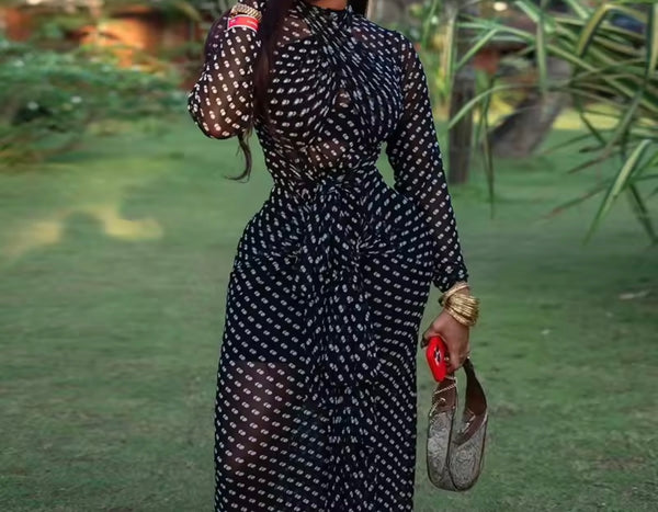 Women Sexy Black Polka Dot Mesh Full Sleeve Maxi Dress