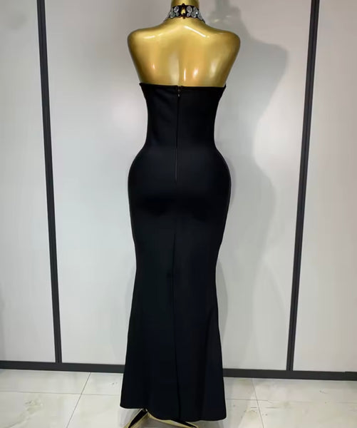 Women Black Crystal Mesh Sexy Halter Sleeveless Maxi Dress