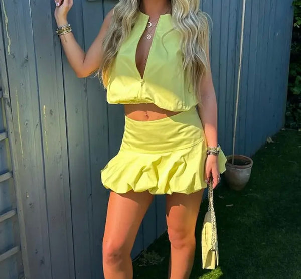 Women Yellow Front Zipper Sexy Sleeveless Two Piece Skirt Set