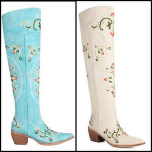 Women Fashion Knee High Floral Western Boots